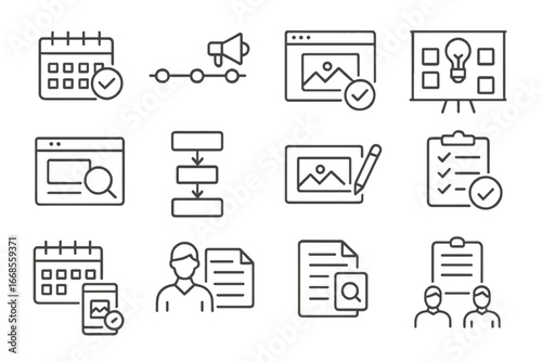 Content Planning Icons. Line style icons of content planning: content calendar, campaign timeline, post approval icon, idea board,