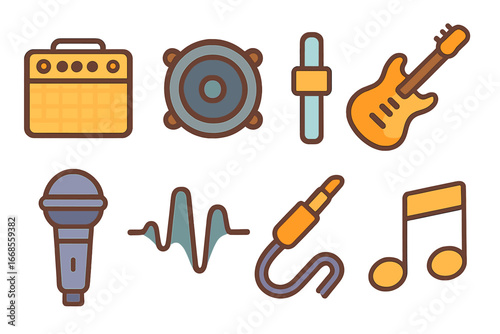 Children's Music Icons. Flat vector mini-illustrations amplifier booster in colors children's illustrations: guitar amplifier,