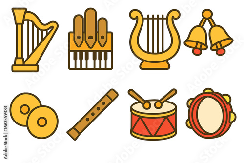 Children's Musical Instruments. Flat vector mini-illustrations chant instruments in colors children's illustrations: harp, organ,