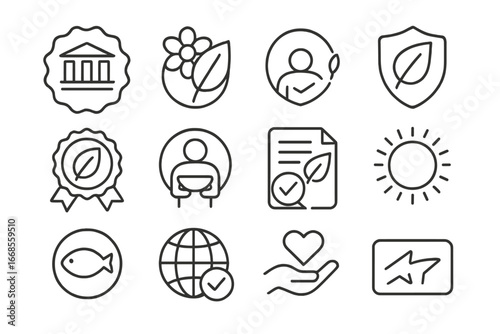 Environmental Certification Icons. Line style icons of environmental certifications: LEED badge, eco label, green seal, organic