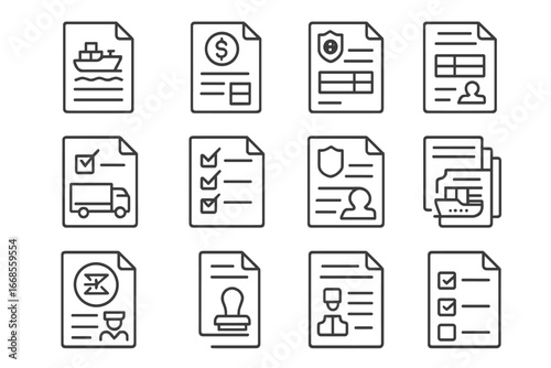 Transport Icons Collection. Line style icons of transport documentation: bill of lading, shipping invoice, customs form, delivery