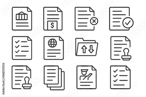 Transport Icons Collection. Line style icons of transport documentation: bill of lading, shipping invoice, customs form, delivery