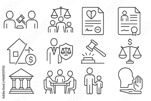 Civil Law Icons. Line style icons of civil law: civil dispute icon, family law icon, divorce paper, custody agreement, property