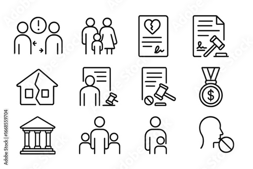 Civil Law Icons. Line style icons of civil law: civil dispute icon, family law icon, divorce paper, custody agreement, property