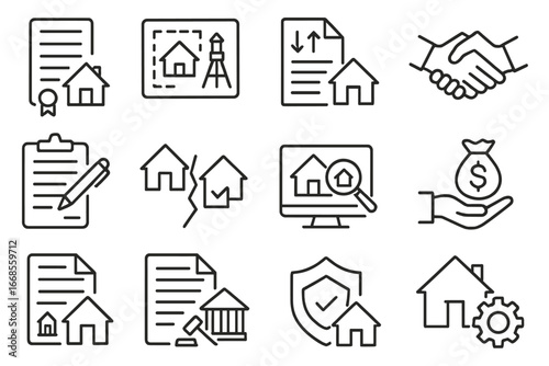 Real Estate Law Icons. Line style icons of real estate law: property deed icon, land survey icon, zoning regulation, lease