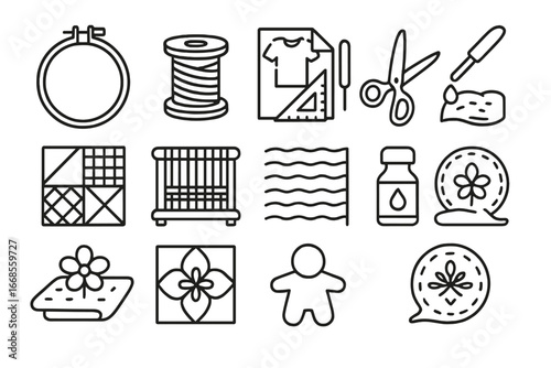 Textile Craft Icons. Line style icons of textile and fabric art: embroidery hoop, thread spool, pattern tracing icon, fabric