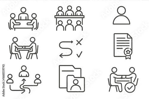 Arbitration Icons. Line style icons of arbitration and mediation: mediator table, arbitration hearing, neutral party icon,