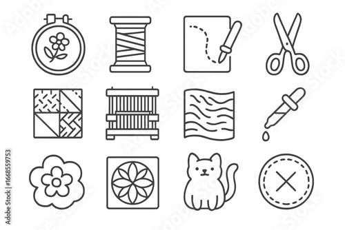 Textile Craft Icons. Line style icons of textile and fabric art: embroidery hoop, thread spool, pattern tracing icon, fabric