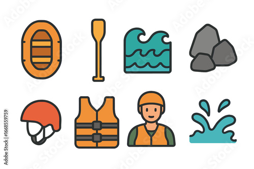 Children's Rafting Adventure. Flat vector mini-illustrations white water rafting in colors children's illustrations: raft, paddle,