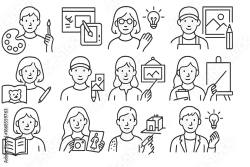 Creative Career Icons. Line style icons of creative career paths: freelance artist icon, agency illustrator, art director icon,