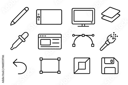 Digital Art Tools Icons. Line style icons of digital art tools: stylus pen, graphic tablet, drawing monitor, layers icon, digital