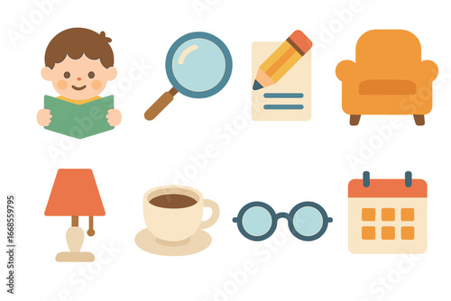 Children's Reading Essentials. Flat vector mini-illustrations manual reading in colors children's illustrations: child reading