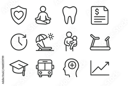Employee Benefits Icons. Line style icons of employee benefits: health insurance icon, wellness program icon, dental coverage,