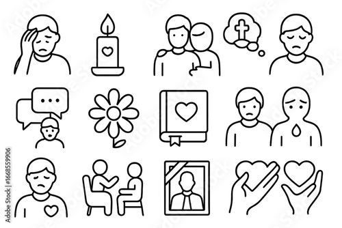 Icons of Grief Support. Line style icons of grief and loss support: grief icon, memory candle, support after loss, grieving
