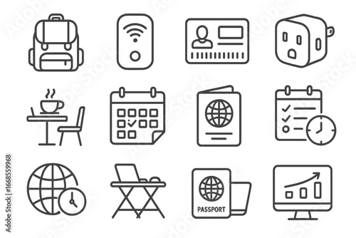 Digital Nomad Icons. Line style icons of digital nomad essentials: laptop backpack, mobile hotspot, coworking pass, travel adapter