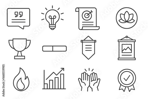 Motivation Line Icons. Line style icons of motivation boosters: quote card icon, inspiration lightbulb, vision statement scroll,