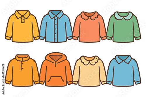 Children's Shirt Illustrations. Flat vector mini-illustrations long sleeve shirts with collars in colors children's illustrations: