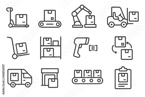 Warehouse Icons Collection. Line style icons of warehouse transport: pallet mover icon, conveyor belt icon, stacking robot,