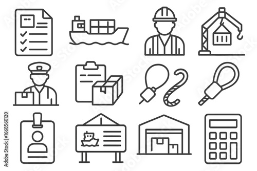 Maritime Logistics Icons. Line style icons of port and maritime logistics: shipping manifest icon, cargo ship container, dock