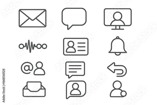 Online Communication Icons. Line style icons of online communication: email icon, chat bubble, video call icon, voice message,