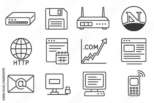 Iconic Internet Evolution. Line style icons of internet history: dial-up modem, floppy disk icon, old router icon, Netscape