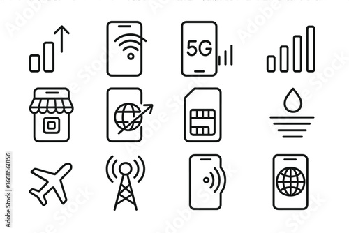 Mobile Connectivity Icons. Line style icons of mobile internet: cellular data icon, mobile hotspot icon, 5G phone icon, mobile