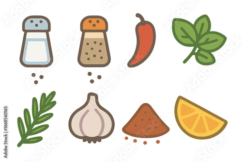 Children's Spice Icons. Flat vector mini-illustrations cooking spices and flavors in colors children's illustrations: salt, pepper
