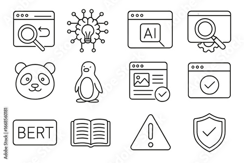 Search Algorithm Icons. Line style icons of search engine algorithms: algorithm update icon, rank brain icon, search AI icon, core