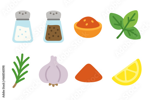 Children's Spice Icons. Flat vector mini-illustrations cooking spices and flavors in colors children's illustrations: salt, pepper