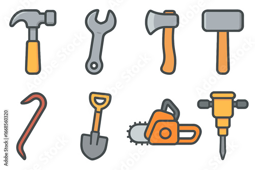 Children's Tool Icons. Flat vector mini-illustrations heavy tools in colors children's illustrations: hammer, wrench, axe,