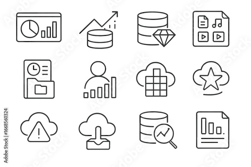 Smart Storage Icons. Line style icons of smart storage analytics: usage dashboard icon, storage forecast icon, space optimization