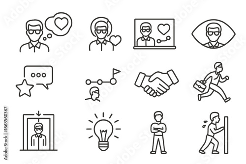 Founder Mindset Icons. Line style icons of founder mindset and storytelling: founder vision icon, personal story icon, mission and