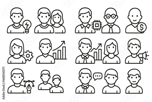 Startup Team Icons. Line style icons of startup team and roles: founder icon, co-founder icon, CTO icon, CFO icon, product manager