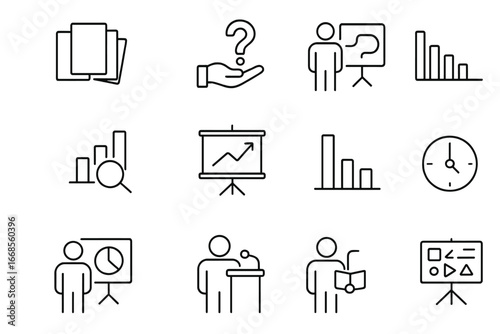 Startup Pitch Mistakes Icons. Line style icons of startup pitch mistakes: too many slides icon, no clear ask icon, poor