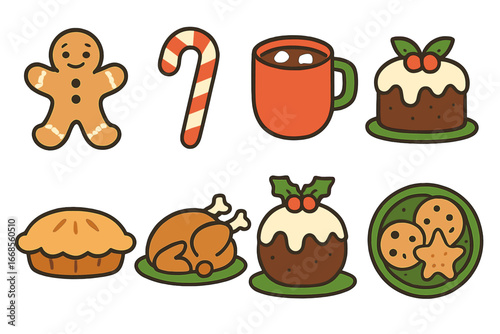 Christmas Food Icons. Flat vector mini-illustrations Christmas food in colors children's illustrations: gingerbread cookie, candy