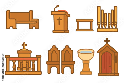 Church Furniture Icons. Flat vector mini-illustrations church furniture in colors children's illustrations: pews, pulpit, altar