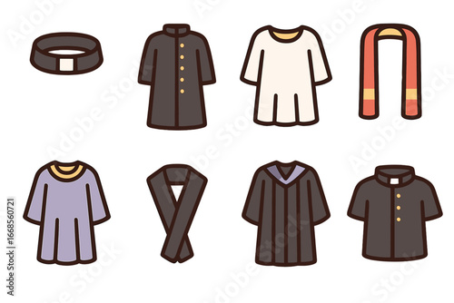 Clerical Attire Icons. Flat vector mini-illustrations Clerical attire in colors children's illustrations: priest’s collar, cassock