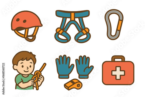 Climbing Safety Icons. Flat vector mini-illustrations climbing safety in colors children's illustrations: helmet, harness, rope,