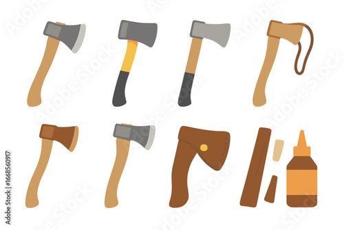 Colorful Axe Handle Icons. Flat vector mini-illustrations axe handles in colors children's illustrations: wooden handle,