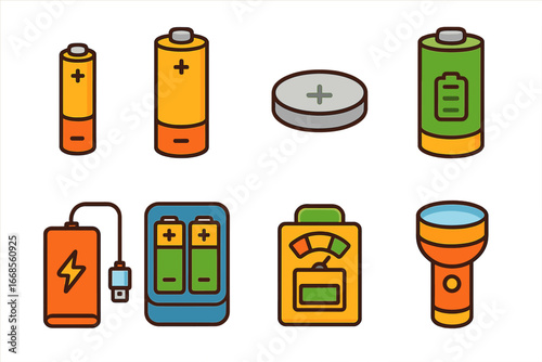 Colorful Battery Icons. Flat vector mini-illustrations battery types in colors children's illustrations: AAA battery, AA battery,