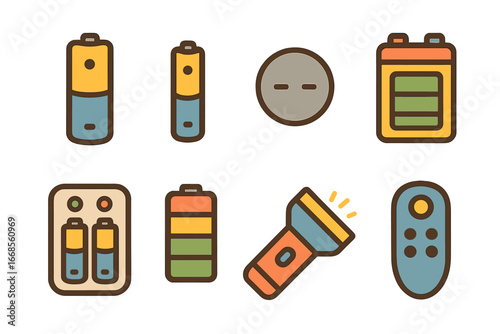 Colorful Battery Icons. Flat vector mini-illustrations disposable batteries in colors children's illustrations: AA battery, AAA