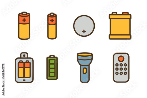 Colorful Battery Icons. Flat vector mini-illustrations disposable batteries in colors children's illustrations: AA battery, AAA