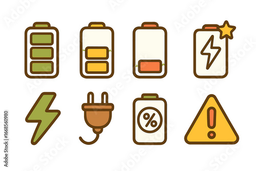 Colorful Battery Icons. Flat vector mini-illustrations battery status indicators in colors children's illustrations: green battery