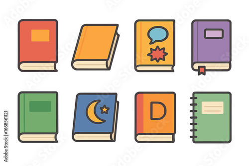 Colorful Book Icons. Flat vector mini-illustrations books in colors children's illustrations: hardcover book, paperback, comic