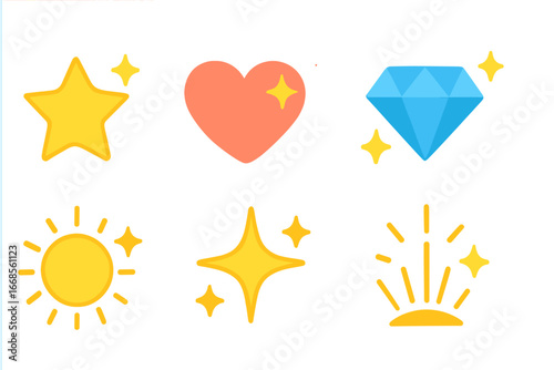 Colorful Bling Icons. Flat vector mini-illustrations bling symbols in colors children's illustrations: shining star, sparkling