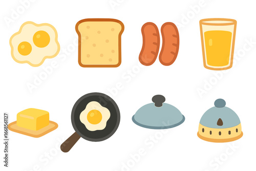 Colorful Breakfast Icons. Flat vector mini-illustrations breakfast foods in colors children's illustrations: scrambled eggs, toast