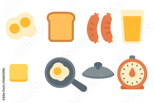 Colorful Breakfast Icons. Flat vector mini-illustrations breakfast foods in colors children's illustrations: scrambled eggs, toast