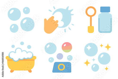 Colorful Bubble Icons. Flat vector mini-illustrations bubbles in colors children's illustrations: soap bubbles, popping bubble,