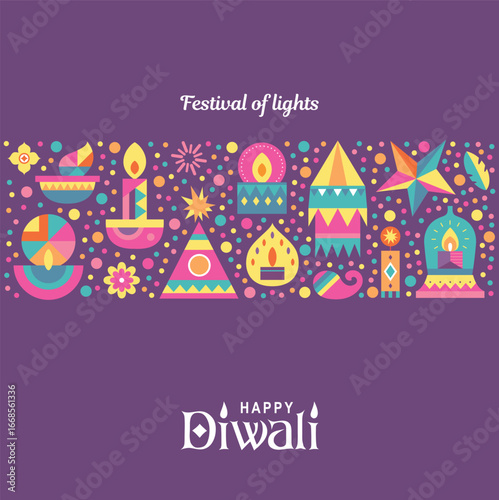 Happy Diwali Hindu festival poster design with colorful oil lamps, lanterns, fireworks and gift icons.
