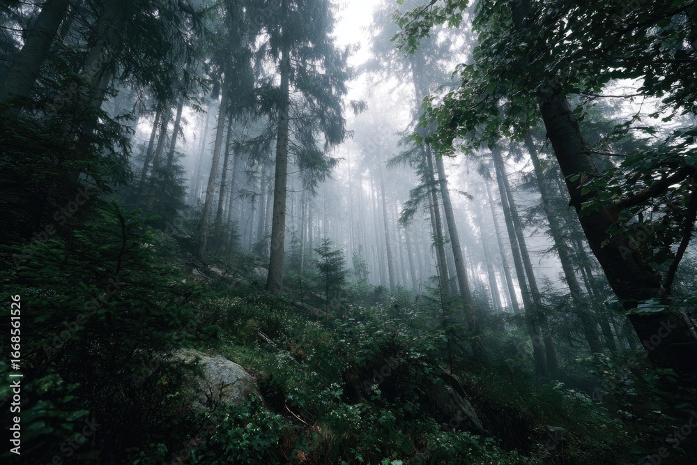 Fototapeta premium Misty forest, towering trees, and a verdant slope